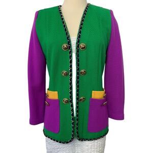 St. John Knit Blazer Double Breasted Color-Block Chain Accent Gold Buttons | 8